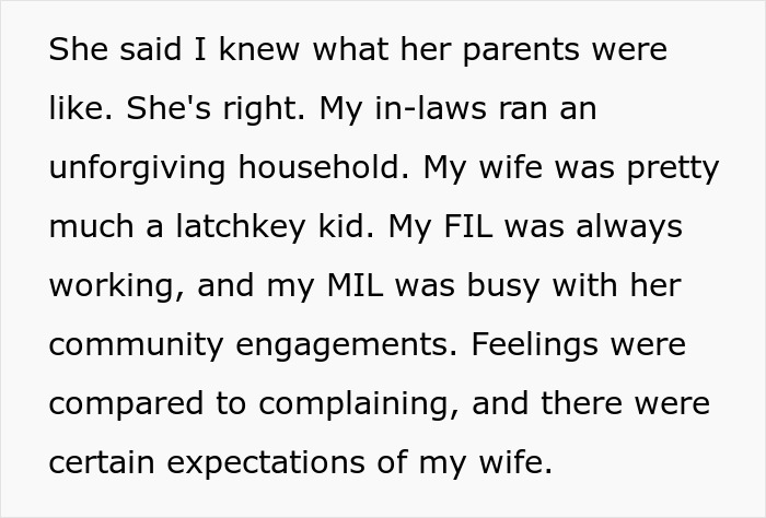 Text excerpt about wife, in-laws, and family dynamics, highlighting feelings of single parent and work-family balance issues.