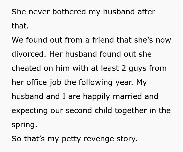 Text on screen shows a woman’s story of petty revenge involving her husband’s coworker who tried to seduce him. Text on screen shows a woman’s story of petty revenge involving her husband’s coworker who tried to seduce him.