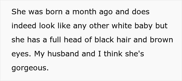 Text on a white background discussing a pale baby with black hair and brown eyes related to an Indian grandmother demanding a DNA test.