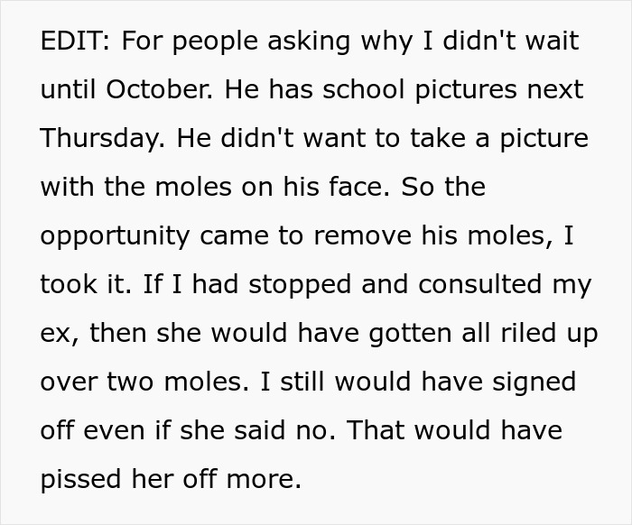 Text excerpt explaining dad approved 12-year-old son's mole removal before school pictures, ignoring mom's input.