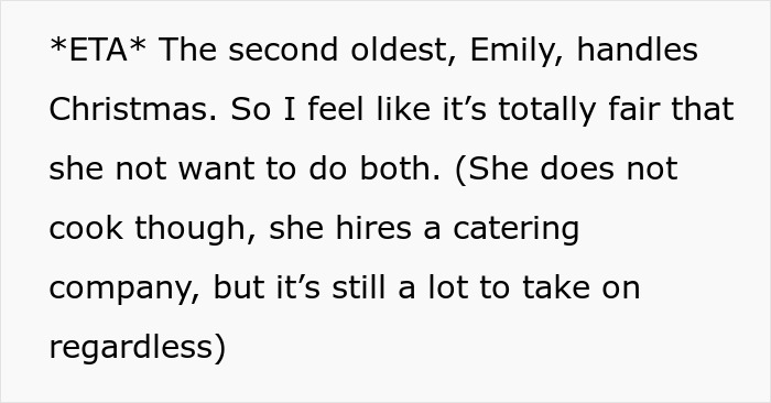 Text excerpt about woman asking for a break from hosting traditional family Thanksgiving, facing criticism from sisters.