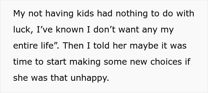 Text excerpt discussing choice of not having kids and advice to start making new choices if unhappy in a conversation about clingy children on vacation.
