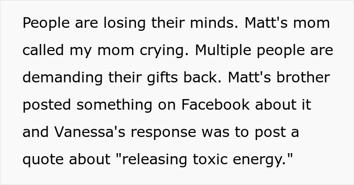 Text excerpt showing a chaotic reaction to the spiritual bride&rsquo;s decision causing shock just weeks before the wedding.
