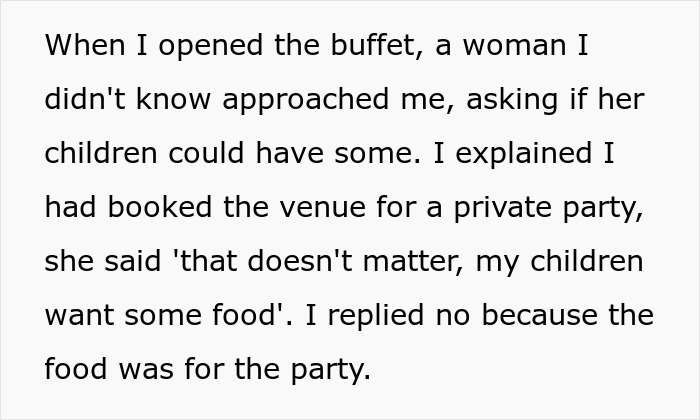 Text excerpt showing a mother demanding food for her children after being denied entrance at a private party. Text excerpt showing a mother demanding food for her children after being denied entrance at a private party.