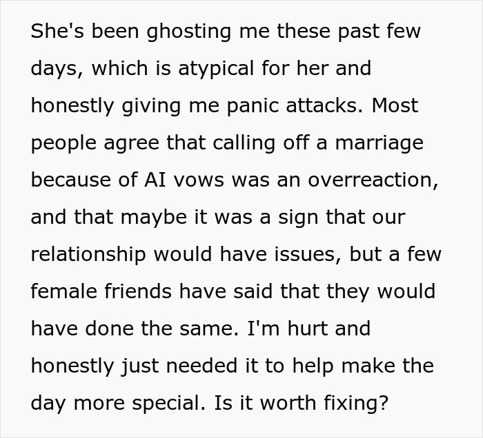 Text about a man writing wedding vows with AI, causing the bride to run away from the altar and relationship issues.