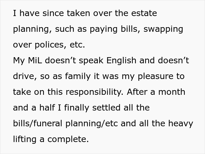 Text excerpt showing a man explaining how he supports his in-laws and manages estate planning responsibilities.