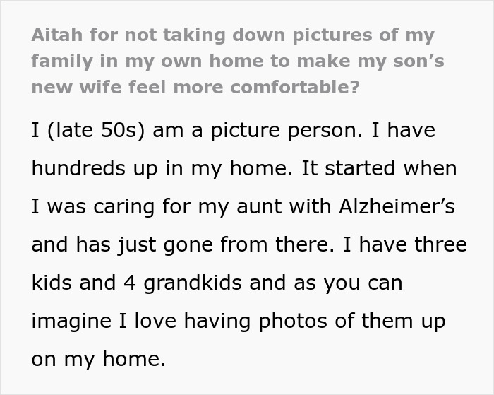 Jealous wife confronts hubby&rsquo;s mom over pictures of his ex in her house, demanding their removal.