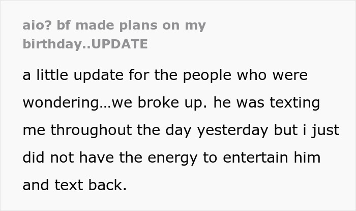 Text message conversation about a breakup after boyfriend made plans on girlfriend's birthday and demanded apologies.