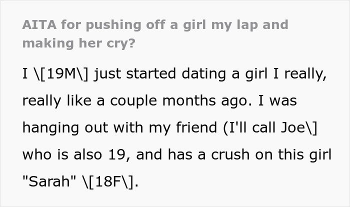 Young man irked as friend wants to sit on his lap, leading to surprising feelings and a romantic realization.