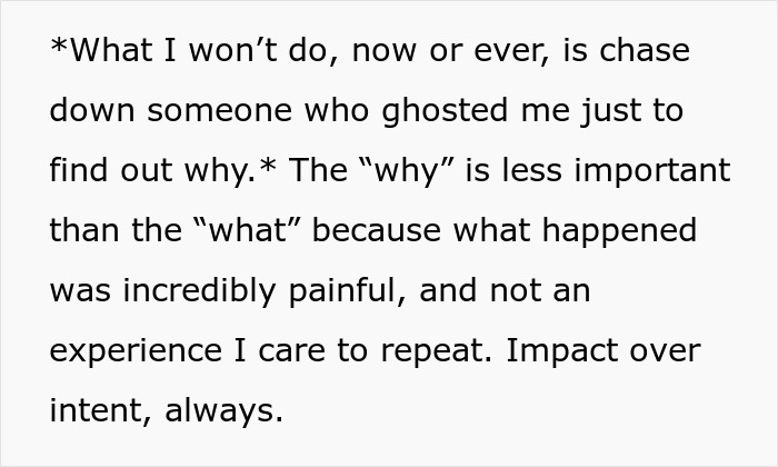 Text image showing a personal reflection on ghosting emphasizing impact over intent and best friend no contact returns.
