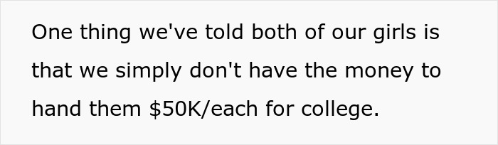 Message about not having enough money to give children $50K each for college, relating to choosing nose job over kids college funds.
