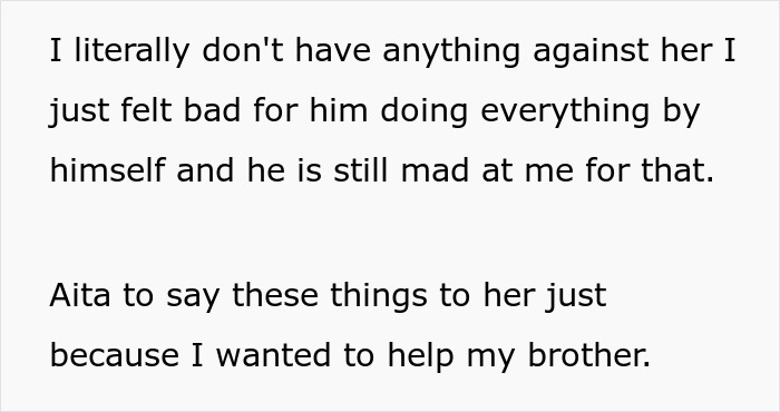 Text excerpt on a light background discussing feelings about helping a brother and stay-at-home mom responsibilities.