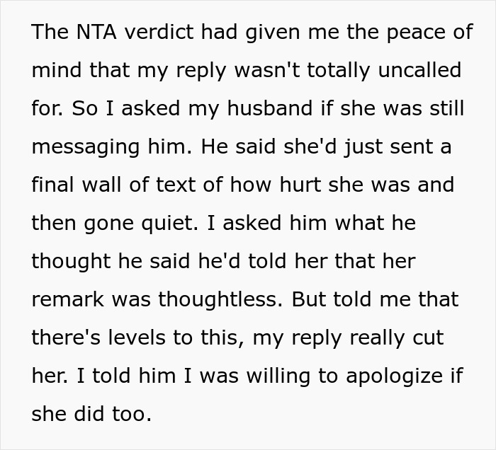 Text snippet describing a stay-at-home mom clapping back at sister-in-law about using her better college degree.