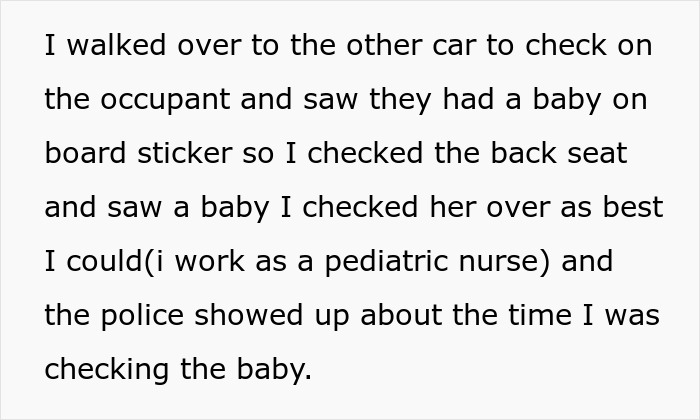 Text describing a pediatric nurse prioritizing dogs and a baby during a stressful car crash scene