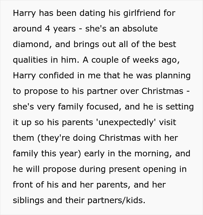 Man thinks proposal counts as Christmas gift, plans surprise engagement during family present opening.