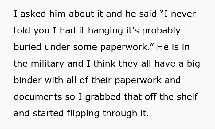 Text about a man lying about having a master&rsquo;s degree and his wife searching through his paperwork to find the truth.