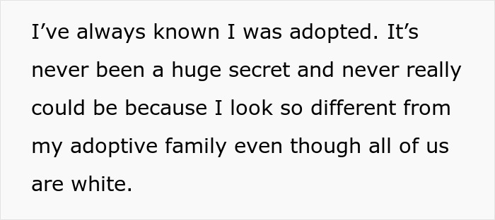 Text about woman adopted and wanting to reunite with bio family, facing threats from adoptive parents.