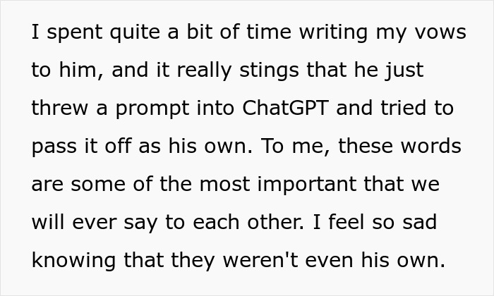 Text about groom’s vows making wife cry after discovering he used ChatGPT to write them, causing sadness. Text about groom’s vows making wife cry after discovering he used ChatGPT to write them, causing sadness.