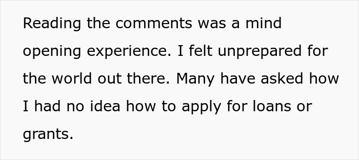 Text about feeling unprepared for college financial aid, including loans and grants related to mom affair college money dad.