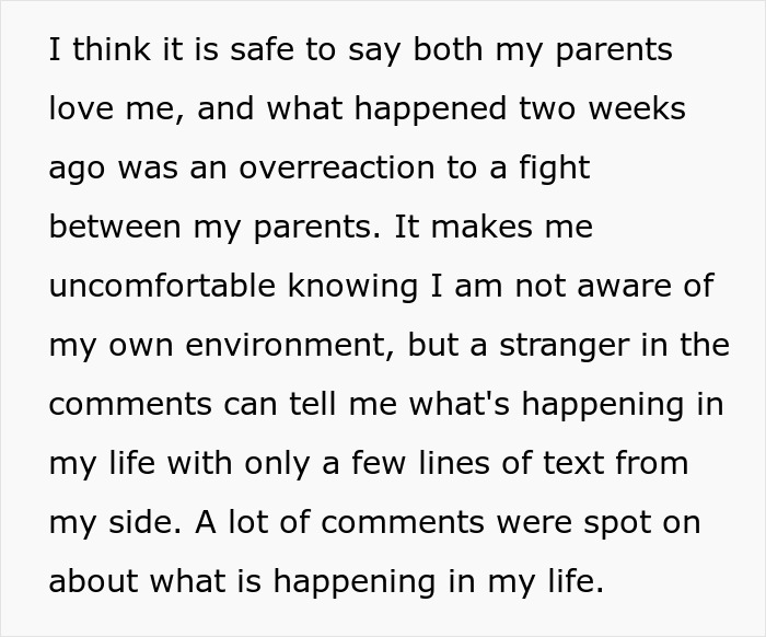 Alt text: Text discussing discomfort about parental fight and reflections on mom affair college money dad situation.