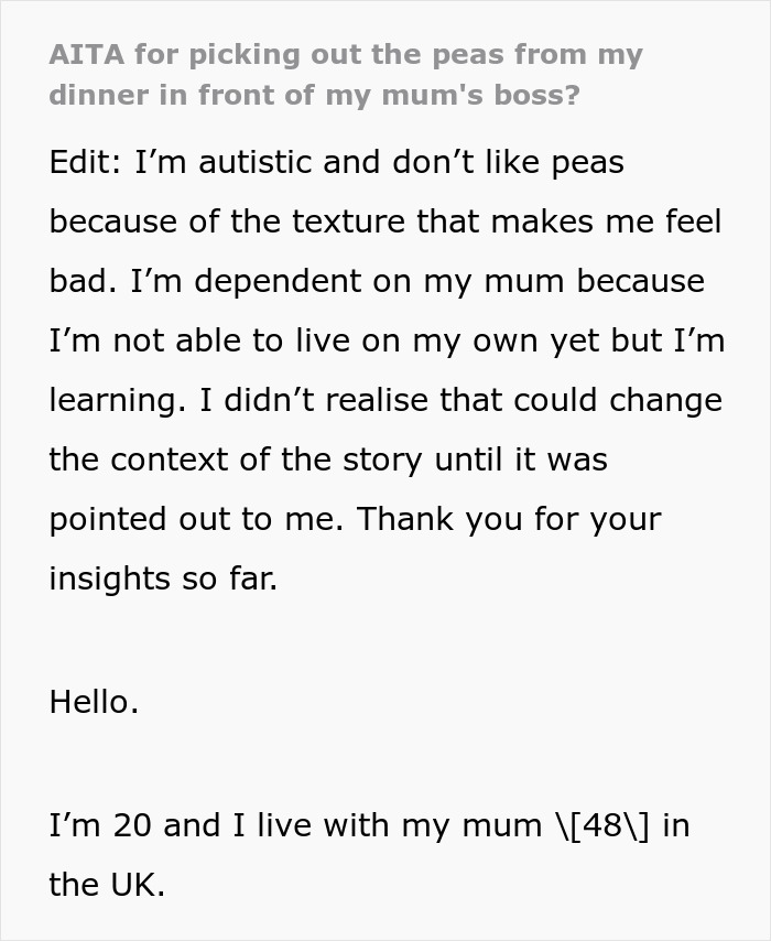 Text post discussing a man picking at his food during dinner with his mom’s boss, explaining his autism and food texture issues. Text post discussing a man picking at his food during dinner with his mom’s boss, explaining his autism and food texture issues.
