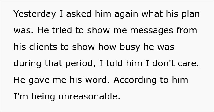 Text showing a wife confronting her husband about prioritizing business over family vacation plans during a serious discussion.