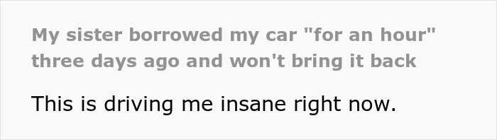 Text message conversation showing frustration about sister borrowing car for one hour and not returning it for days. Text message conversation showing frustration about sister borrowing car for one hour and not returning it for days.