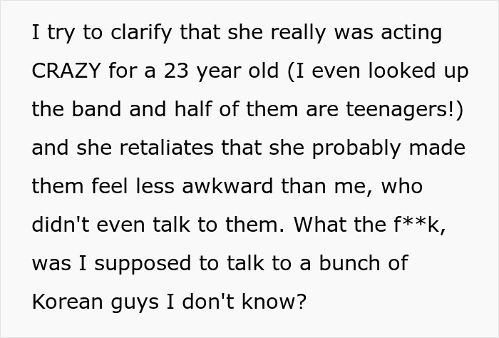 Text message conversation showing a guy mocking his girlfriend for fangirling over a K-Pop band and her reaction.