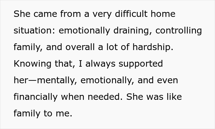 Text block describing a difficult home situation and emotional support, related to a guy failing a loyalty test in friendship.