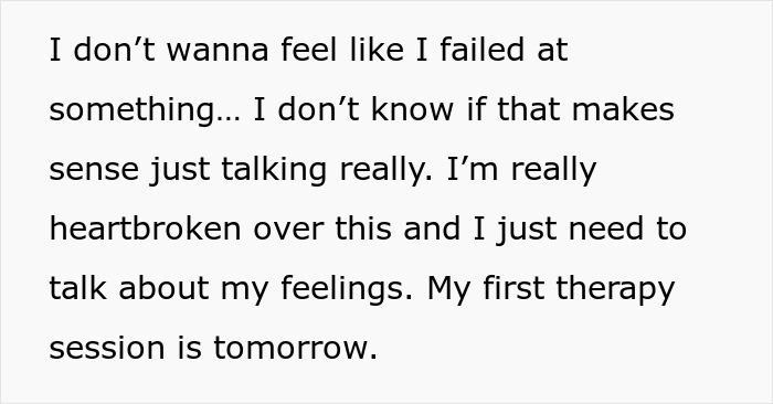 Text expressing heartbreak and need to talk feelings before first therapy session after cheating during pregnancy and postpartum.