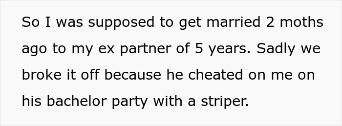 Text excerpt explaining a broken engagement due to cheating, related to wedding dress drama and sister disbelief. Text excerpt explaining a broken engagement due to cheating, related to wedding dress drama and sister disbelief.