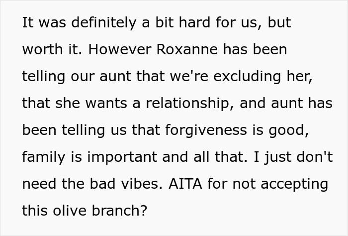Text about lady neglecting siblings and struggles with reconnection after years, focusing on family forgiveness and tension.