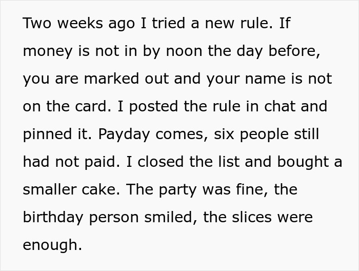 Text about coworkers ghosting the birthday organizer on Venmo, causing issues with birthday celebrations and payments.
