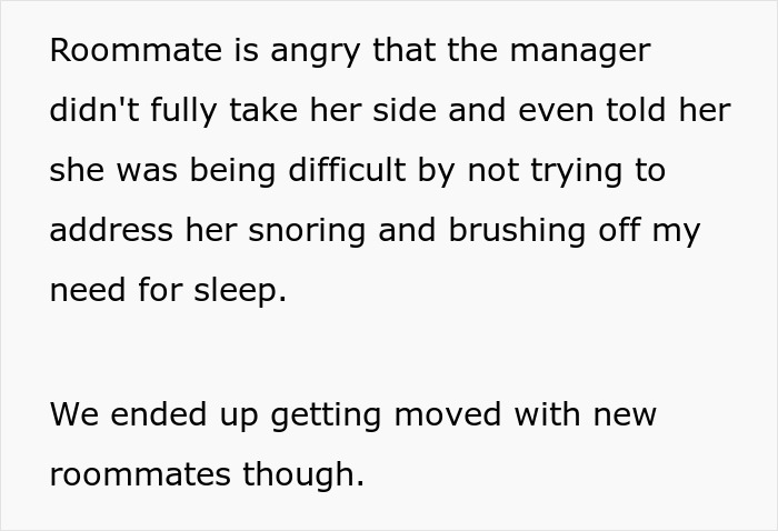Text excerpt about woman unable to sleep due to roommate&rsquo;s snoring, causing conflict and need for a move.