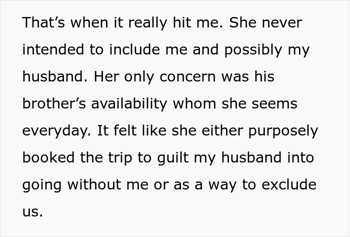 Text excerpt discussing a woman purposely excluding her sick daughter-in-law from a family holiday, causing tension. Text excerpt discussing a woman purposely excluding her sick daughter-in-law from a family holiday, causing tension.
