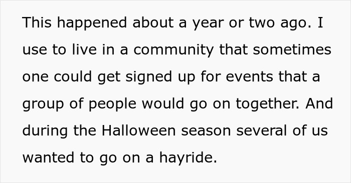Text describing a Halloween hayride event where entitled parents leave their scared kids with strangers.