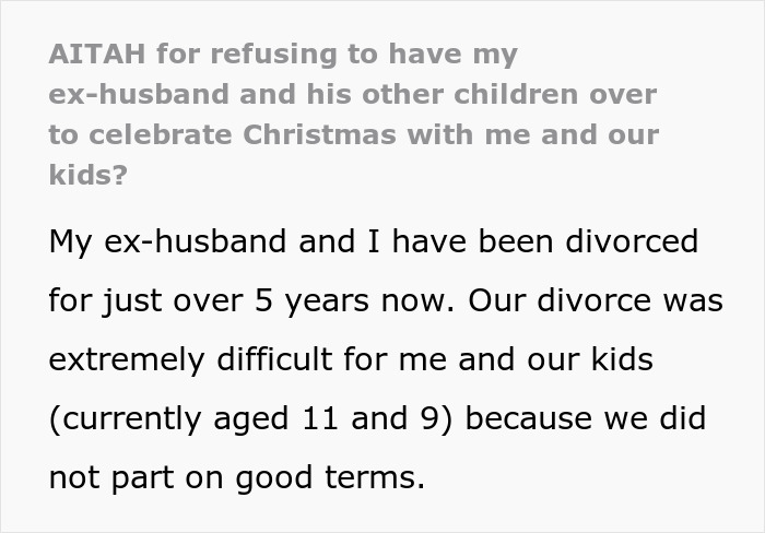 Text excerpt about a woman refusing to host a blended family Christmas with her ex-husband&rsquo;s affair kids after a difficult divorce.