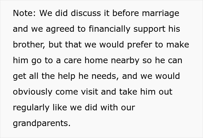 Text about discussing financial support and care home preference for disabled brother to ensure proper help and visits. Text about discussing financial support and care home preference for disabled brother to ensure proper help and visits.