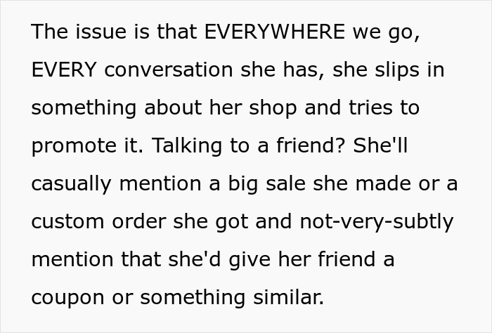 Text describing an Etsy artist constantly self-promoting her shop and coupons during family events, upsetting her husband. Text describing an Etsy artist constantly self-promoting her shop and coupons during family events, upsetting her husband.