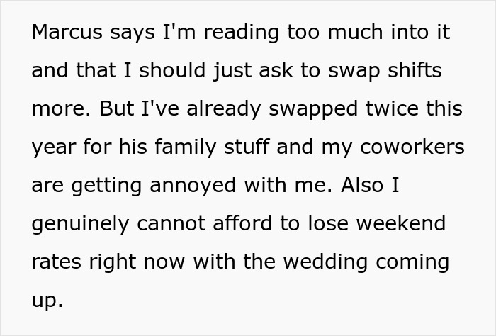 Text excerpt discussing future MIL scheduling family events on lady&rsquo;s workdays, causing attendance issues.