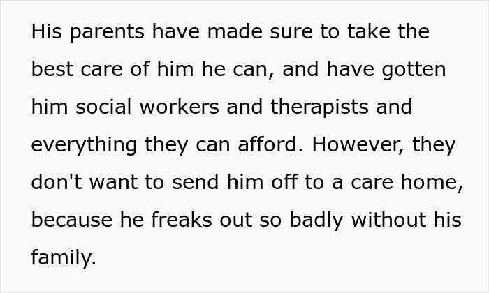 Text discussing parents ensuring the best care for a disabled brother with social workers and therapists involved. Text discussing parents ensuring the best care for a disabled brother with social workers and therapists involved.
