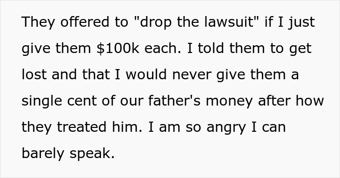 Alt text: Entitled siblings rage after learning dad cut them from his will, expressing anger over family and inheritance disputes.