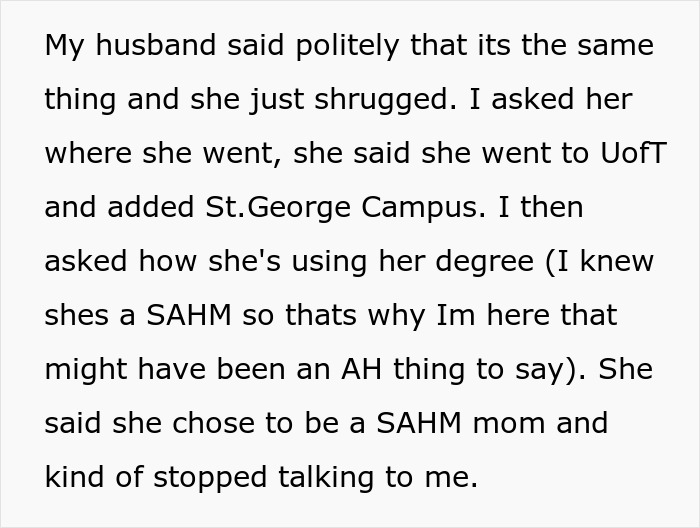 Text conversation about stay-at-home mom mocking sister-in-law's college degree and degree use questioned.