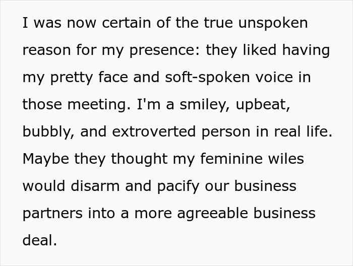 Text excerpt from a female software developer describing being invited to client meetings as a pretty face. Text excerpt from a female software developer describing being invited to client meetings as a pretty face.