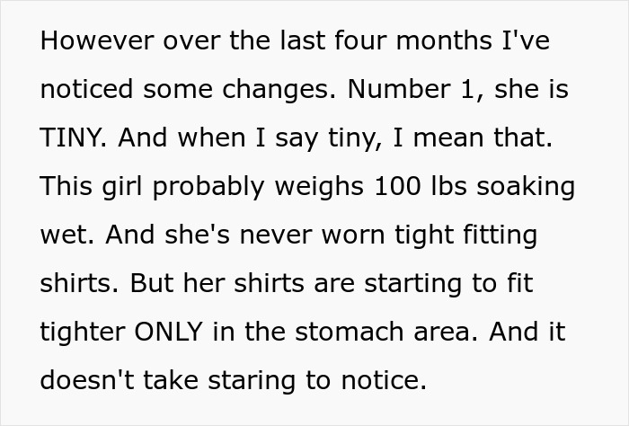Text excerpt discussing boss noticing physical changes in employee possibly indicating pregnancy in a right to fire state context.