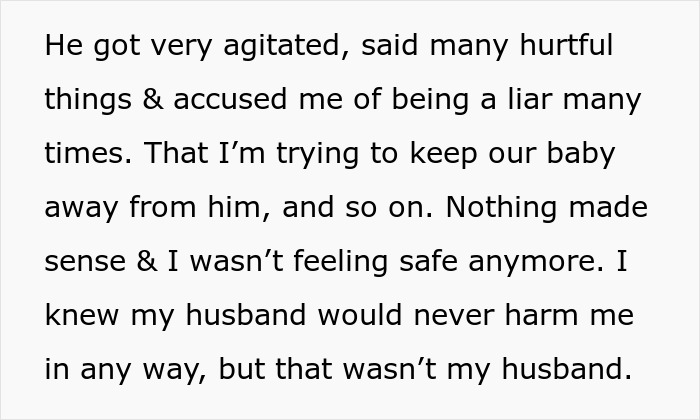 Text excerpt describing a woman feeling unsafe due to her husband's agitation and accusations amid a pregnancy obsession.