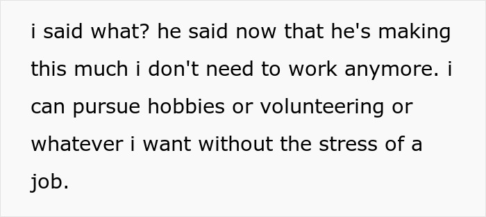 Text message showing a woman refusing to quit her job despite husband&rsquo;s promotion and family pressure on gender roles.