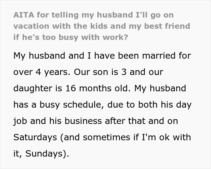 ALT text: Concerned wife considers solo trip as husband prioritizes business over family vacation plans