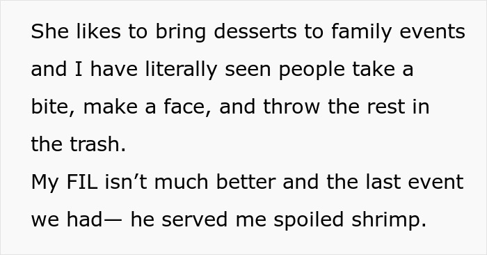 Text excerpt about MIL&rsquo;s cooking issues, describing desserts people dislike and spoiled shrimp served by FIL at a family event.