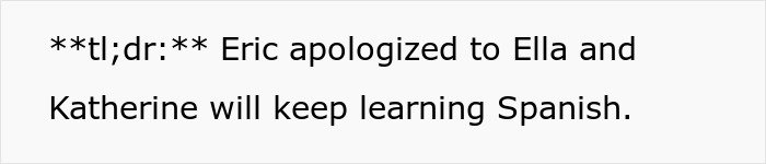 Eric apologizes as husband bans daughter from nanny's Spanish lessons, with Katherine continuing to learn Spanish.